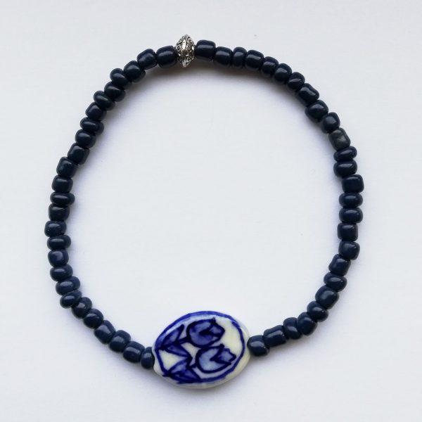 Delfts Blauw Armband met keramiek kraal dubbele tulp
