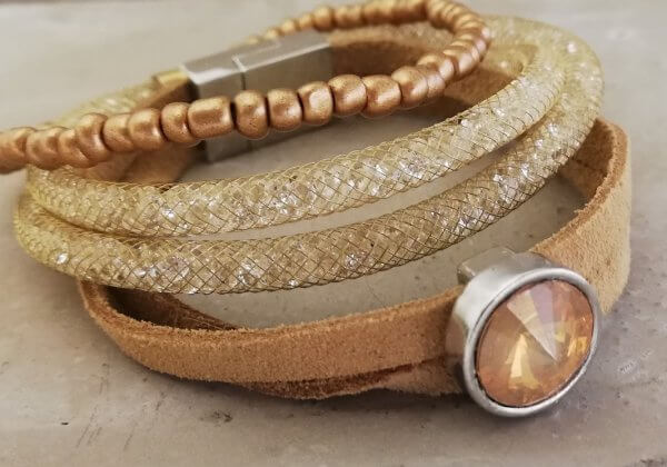 Armbandenset goudkleur Swarovski leer