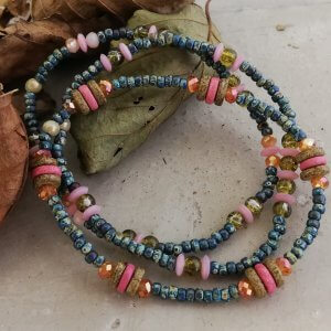 Armbandset jeansblauw olijfgroen roze