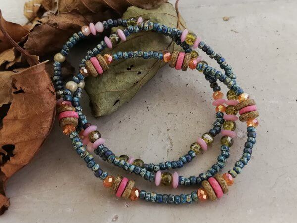 Armbandset jeansblauw olijfgroen roze