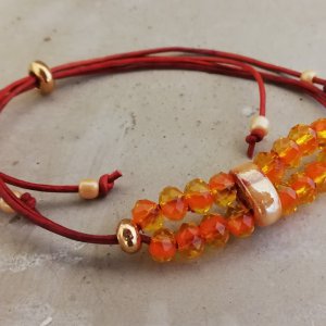 Leer wijnrood schuifknoop facetkraal oranje geel