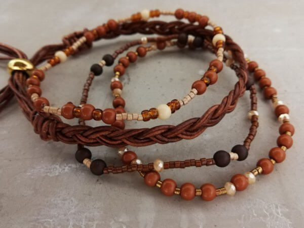 Armbandset donkerbruin roestbruin vlechtleer