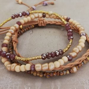 Armbandset lila goud creme gemarmerd vlechtleer