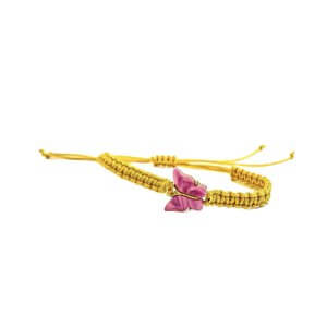 Armbandje geel met roze vlinder