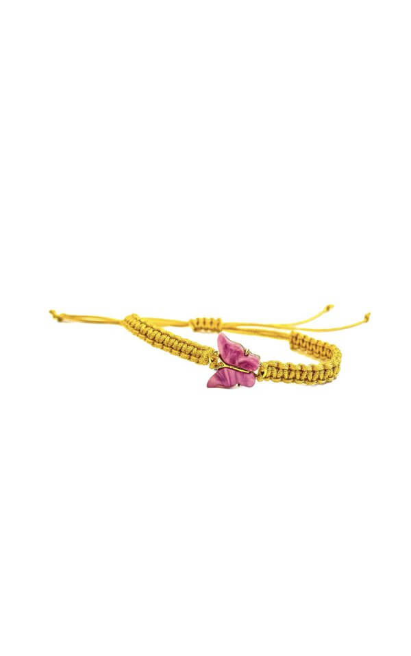 Armbandje geel met roze vlinder